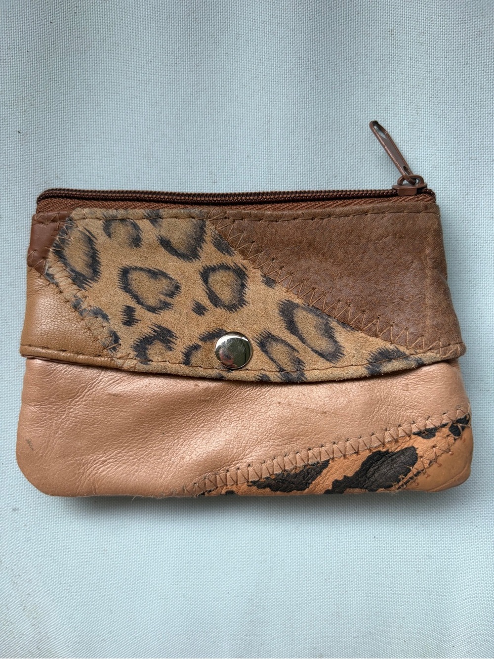 Leather Patchwork Vintage Animal Print Coin Pouch - Brown